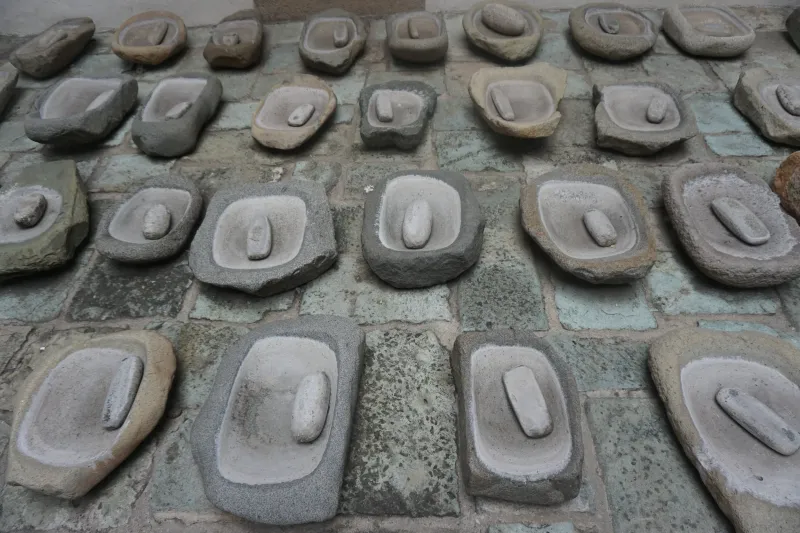 Rows of carved stone grinding bowls laid out on the ground